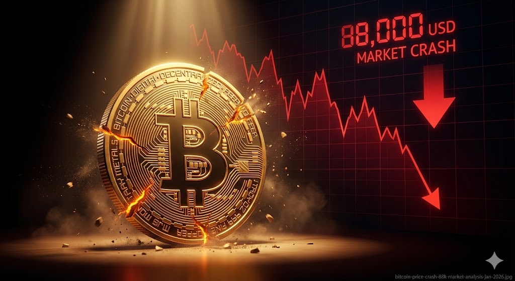 Bitcoin price dropping to 88000 USD market analysis chart.