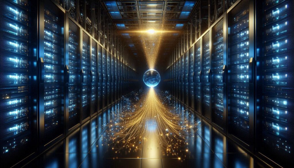 Quantum computers collecting streams of encrypted data in a dark server room, illustrating the harvest now decrypt later cybersecurity threat