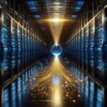 Quantum computers collecting streams of encrypted data in a dark server room, illustrating the harvest now decrypt later cybersecurity threat