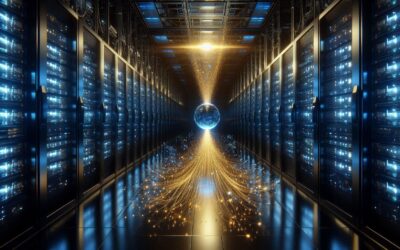 Quantum computers collecting streams of encrypted data in a dark server room, illustrating the harvest now decrypt later cybersecurity threat