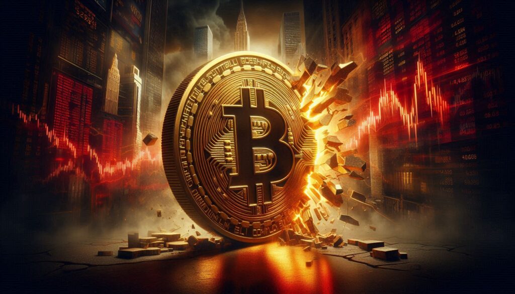 Bitcoin coin cracking apart against a backdrop of falling red price charts and a dark Wall Street skyline, representing the February 2026 crypto crash