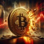 Bitcoin coin cracking apart against a backdrop of falling red price charts and a dark Wall Street skyline, representing the February 2026 crypto crash
