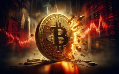 Bitcoin coin cracking apart against a backdrop of falling red price charts and a dark Wall Street skyline, representing the February 2026 crypto crash