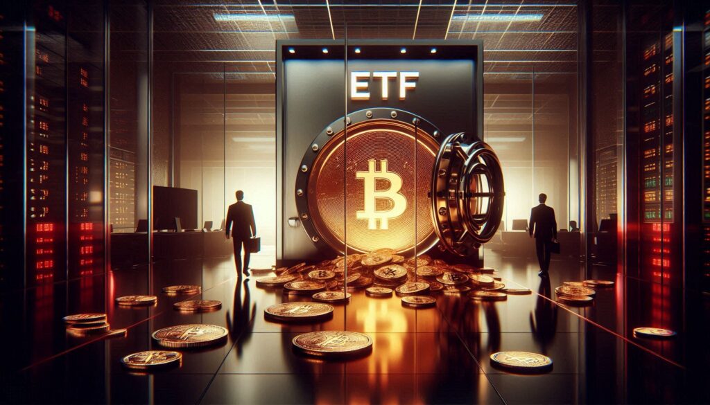 Bitcoin coins pouring out of a cracked ETF vault as institutional investors walk away, illustrating the February 2026 ETF outflow crisis 