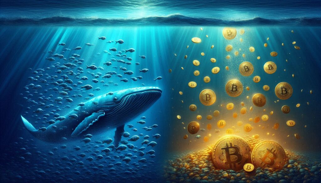 Small fish panicking and swimming away from Bitcoin while a giant whale calmly accumulates sinking coins, representing retail selling versus whale buying during the February 2026 crash 