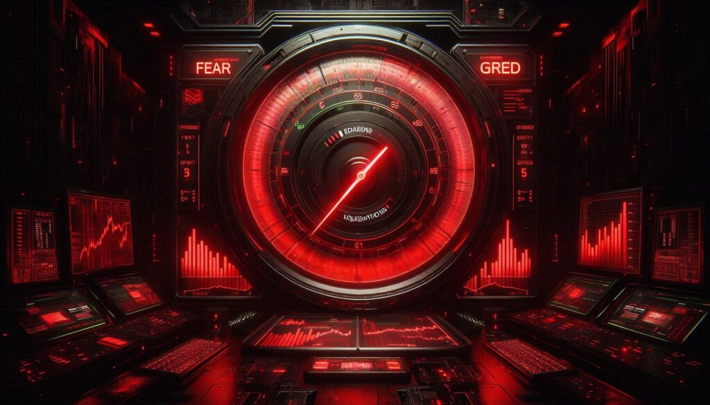 Crypto Fear and Greed Index showing a record-low score of 5 on a cracked digital dashboard surrounded by red liquidation alerts