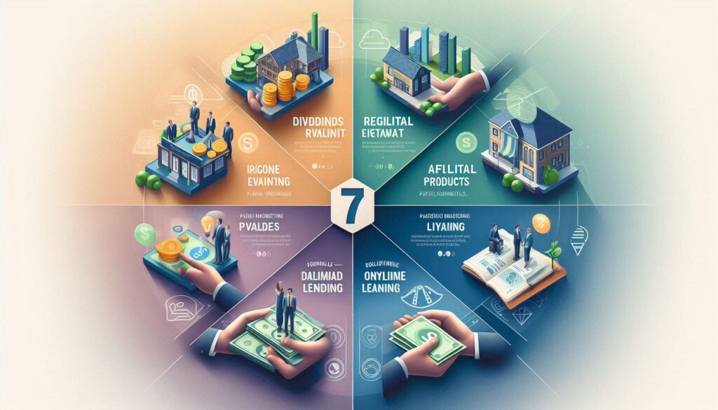 Passive income streams infographic showing 7 revenue sources 2026 | Dividend growth chart compound interest visualization | Digital product creator working on laptop earning passive income