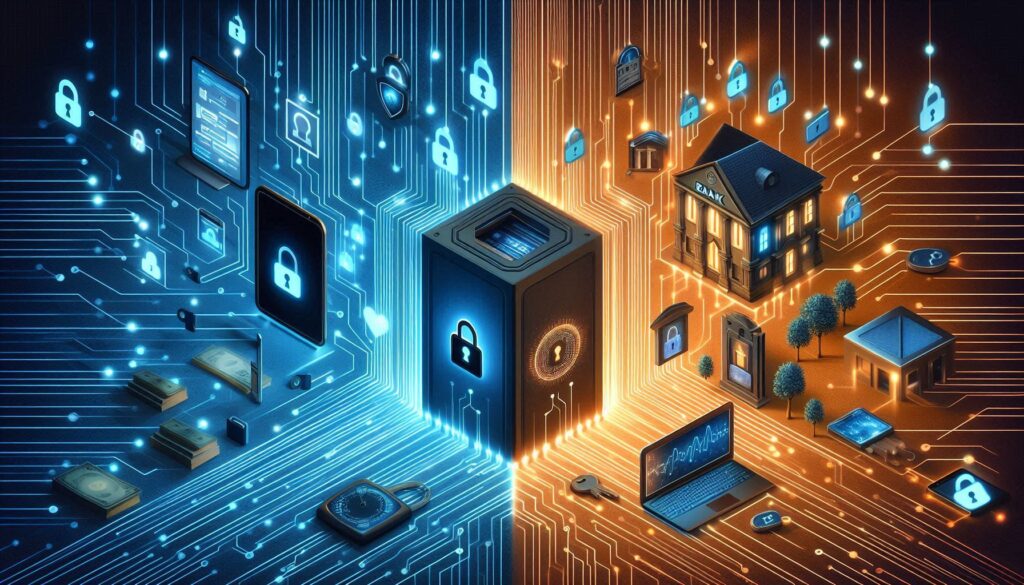 Everyday devices and institutions including phones, hospitals and banks with encrypted data streams flowing toward a quantum computer, showing how harvest now decrypt later affects ordinary people 