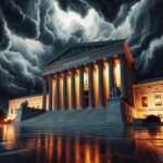 The U.S. Supreme Court building under gathering storm clouds, February 2026, following the landmark tariff ruling