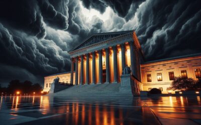 The U.S. Supreme Court building under gathering storm clouds, February 2026, following the landmark tariff ruling