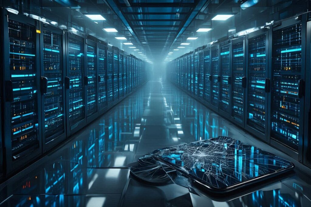 AI data center server racks with cracked smartphone in foreground illustrating the global RAM shortage impact on consumer devices