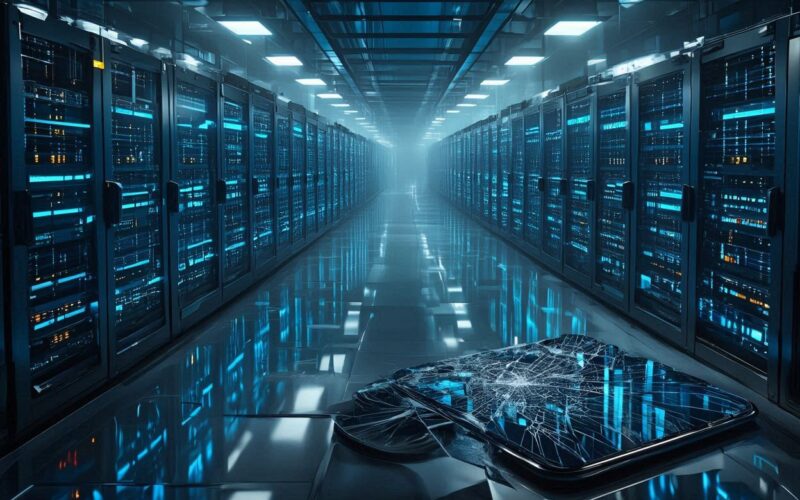 AI data center server racks with cracked smartphone in foreground illustrating the global RAM shortage impact on consumer devices