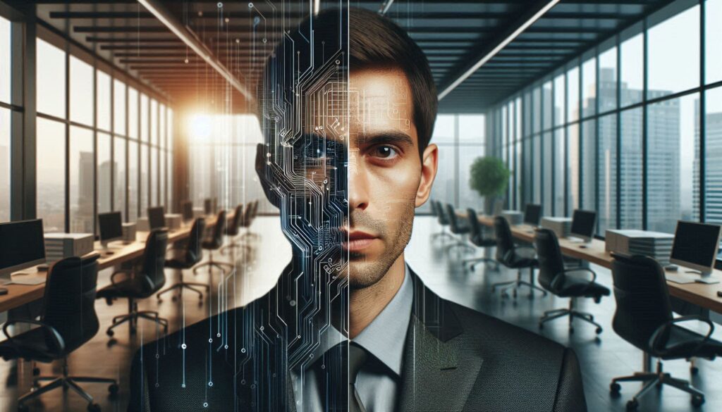 Deepfake video call showing AI-generated executive face with digital distortion revealing synthetic identity in corporate fraud scenario