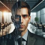 Deepfake video call showing AI-generated executive face with digital distortion revealing synthetic identity in corporate fraud scenario